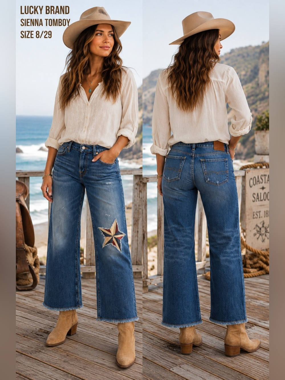 Lucky Brand Sienna Tomboy Coastal Cowgirl Star Patch Crop Jeans Womens 8/29 blue